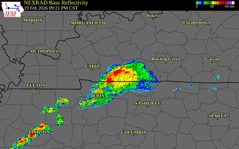 NEXRAD radar during the Thursday, February 19, 2026 storm activity in Christian County, Kentucky