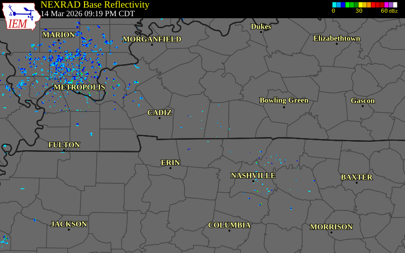 NEXRAD radar during the Saturday, March 14, 2026 storm activity in Christian County, Kentucky