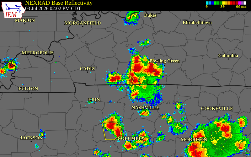 NEXRAD radar during the Friday, July 3, 2026 storm activity in Christian County, Kentucky