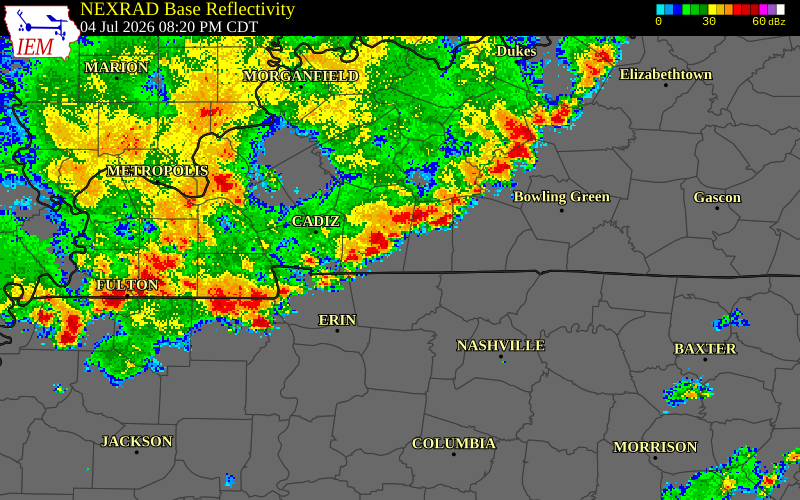 NEXRAD radar during the Saturday, July 4, 2026 storm activity in Christian County, Kentucky