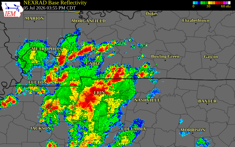 NEXRAD radar during the Sunday, July 5, 2026 storm activity in Christian County, Kentucky
