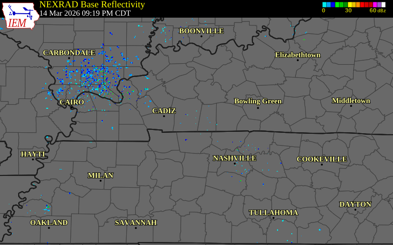 Radar snapshot during the Mar 14, 2026 wind event near Pembroke, Christian County, Kentucky, with NWS warning polygons