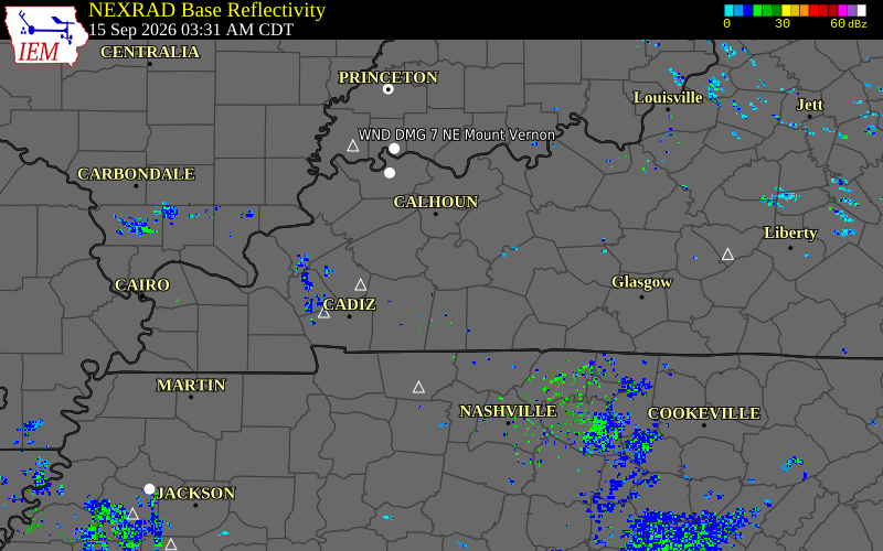 Current NEXRAD radar over Christian County, Kentucky with recent storm report locations