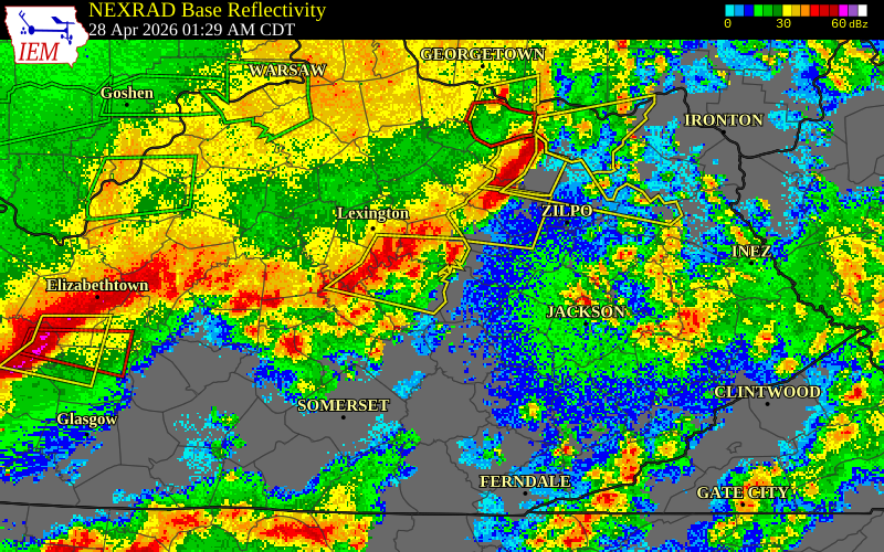 NEXRAD radar during the Tuesday, April 28, 2026 storm activity in Clark County, Kentucky