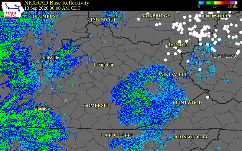 Current NEXRAD radar over Clark County, Kentucky with recent storm report locations