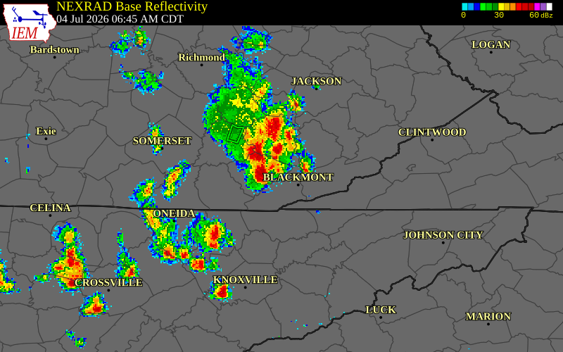 NEXRAD radar during the Saturday, July 4, 2026 storm activity in Clay County, Kentucky