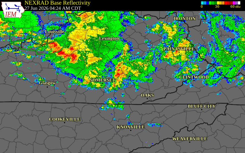 Radar snapshot during the Jun 27, 2026 wind event near Clay County, Clay County, Kentucky, with NWS warning polygons