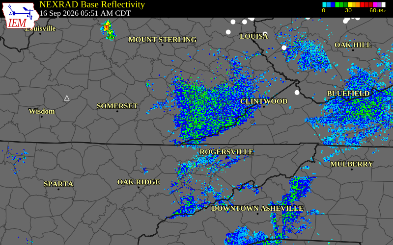 Current NEXRAD radar over Clay County, Kentucky with recent storm report locations