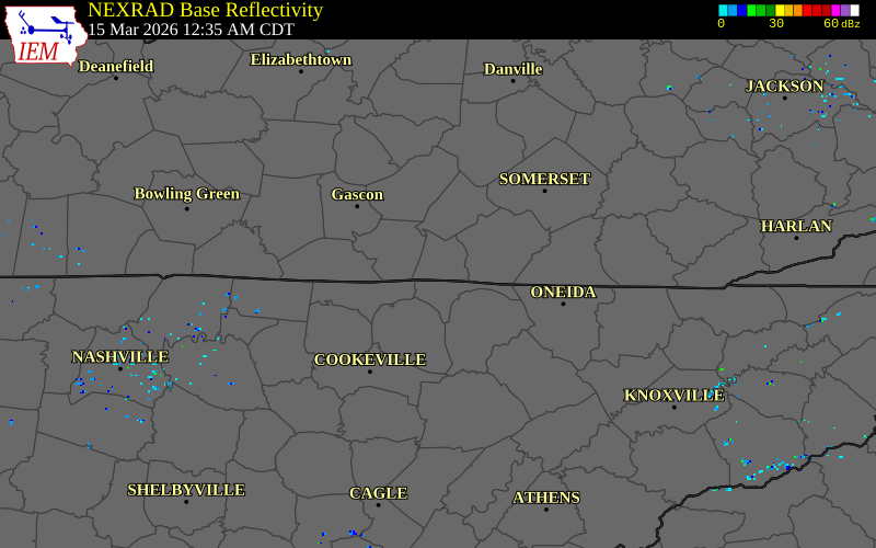 NEXRAD radar during the Sunday, March 15, 2026 storm activity in Clinton County, Kentucky