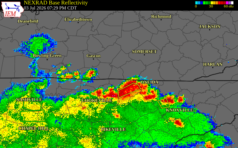 NEXRAD radar during the Friday, July 3, 2026 storm activity in Clinton County, Kentucky
