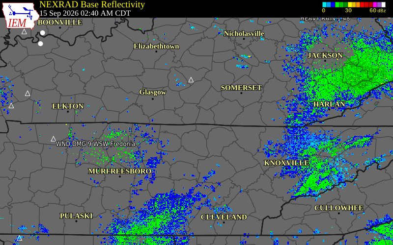 Current NEXRAD radar over Clinton County, Kentucky with recent storm report locations