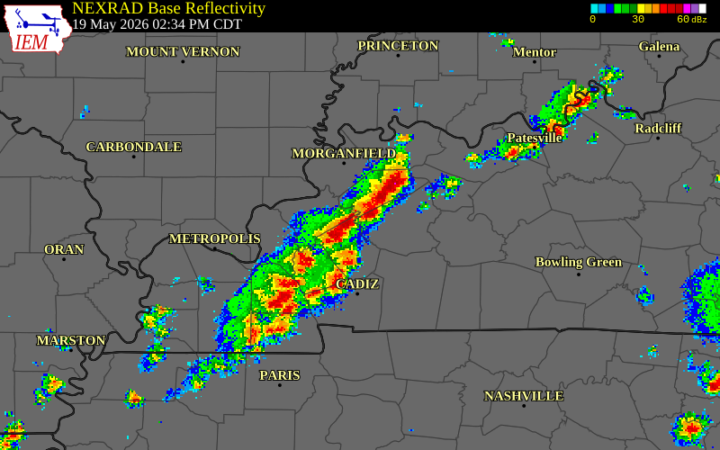 NEXRAD radar during the Tuesday, May 19, 2026 storm activity in Crittenden County, Kentucky