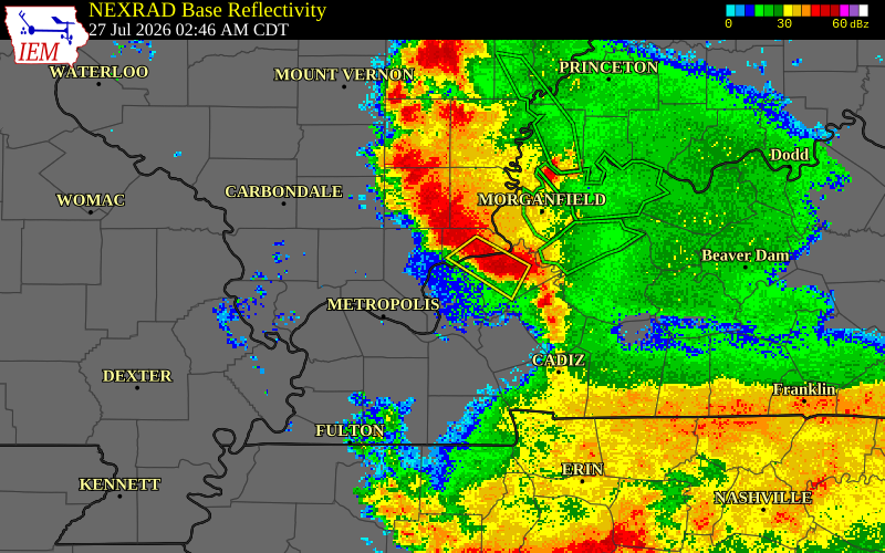 NEXRAD radar during the Monday, July 27, 2026 storm activity in Crittenden County, Kentucky