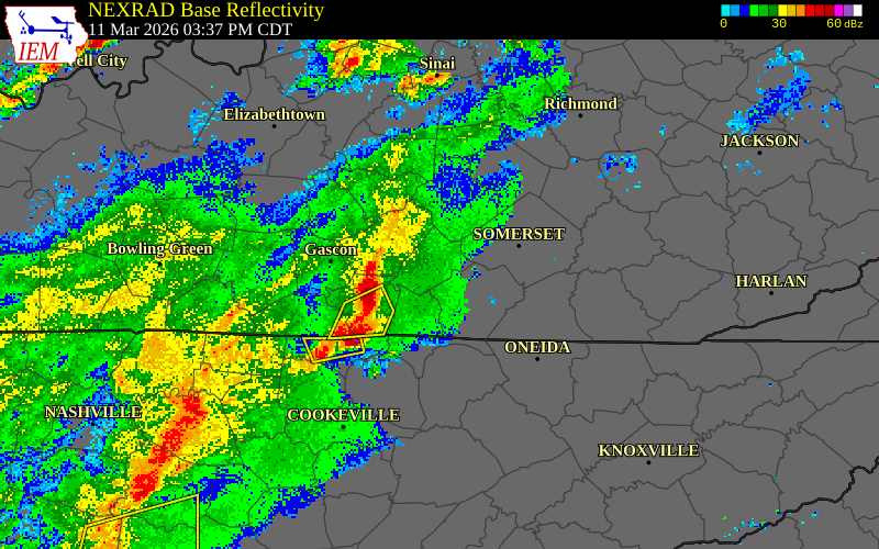 NEXRAD radar during the Wednesday, March 11, 2026 storm activity in Cumberland County, Kentucky