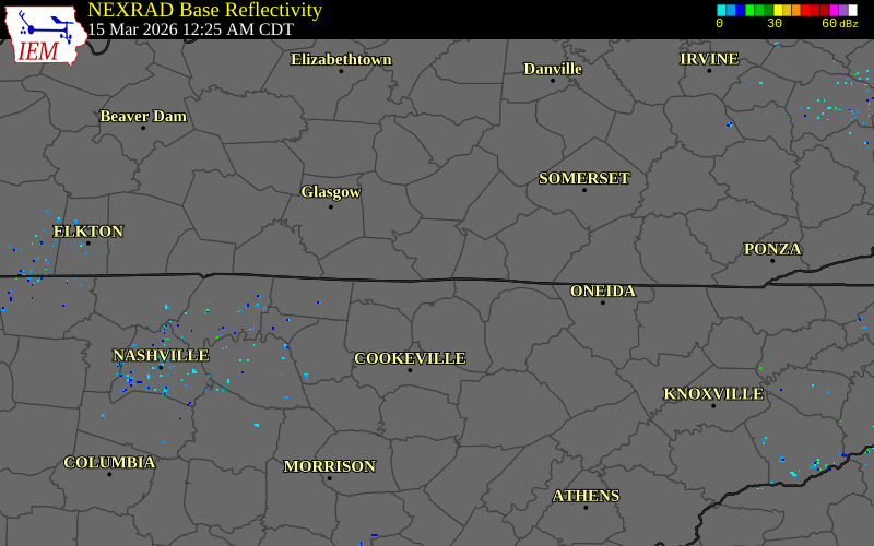 NEXRAD radar during the Sunday, March 15, 2026 storm activity in Cumberland County, Kentucky