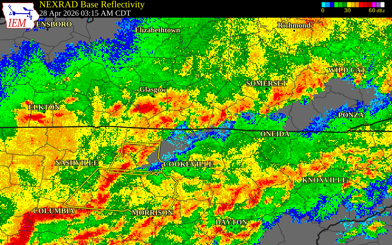 NEXRAD radar during the Tuesday, April 28, 2026 storm activity in Cumberland County, Kentucky