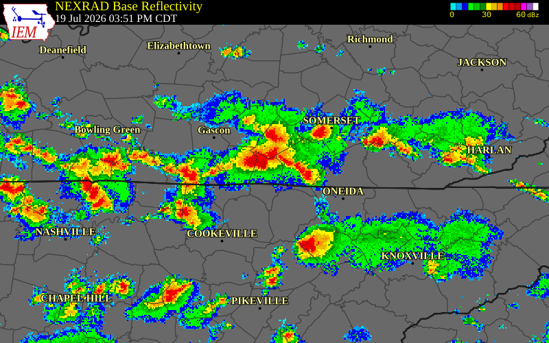 NEXRAD radar during the Sunday, July 19, 2026 storm activity in Cumberland County, Kentucky