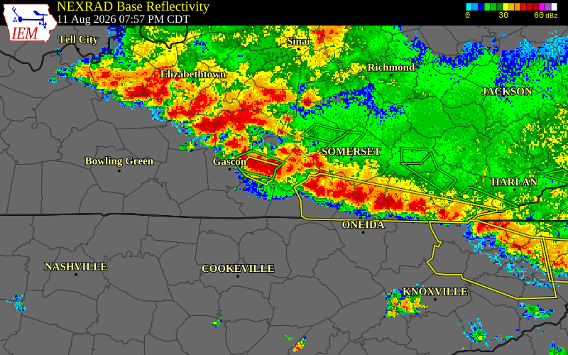 NEXRAD radar during the Tuesday, August 11, 2026 storm activity in Cumberland County, Kentucky