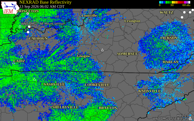 Current NEXRAD radar over Cumberland County, Kentucky with recent storm report locations