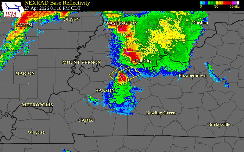 NEXRAD radar during the Monday, April 27, 2026 storm activity in Daviess County, Kentucky