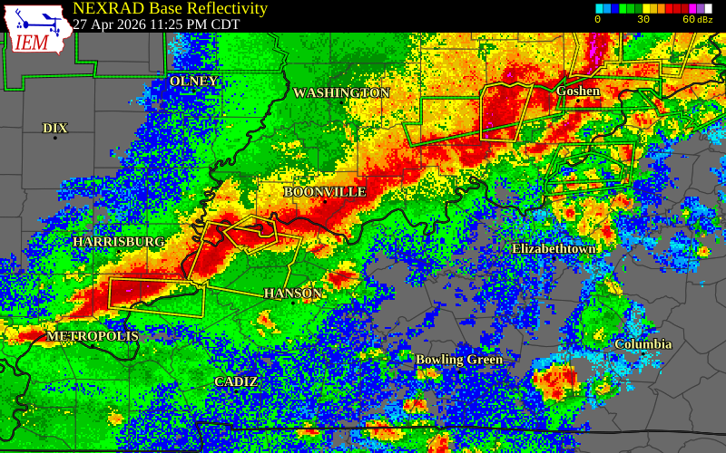 NEXRAD radar during the Tuesday, April 28, 2026 storm activity in Daviess County, Kentucky