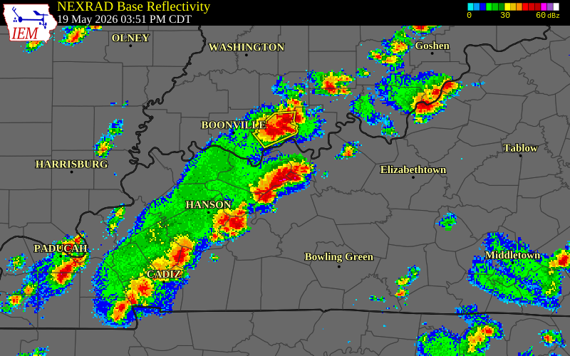 NEXRAD radar during the Tuesday, May 19, 2026 storm activity in Daviess County, Kentucky