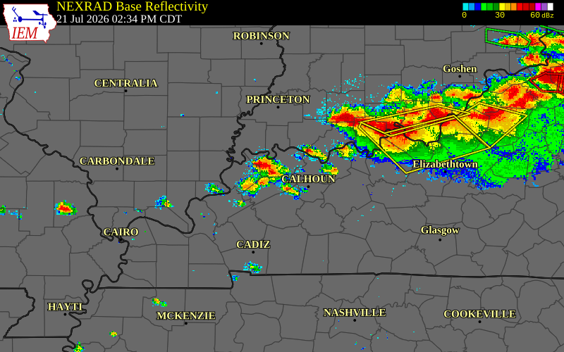 Radar snapshot during the Jul 21, 2026 wind event near Daviess County, Daviess County, Kentucky, with NWS warning polygons