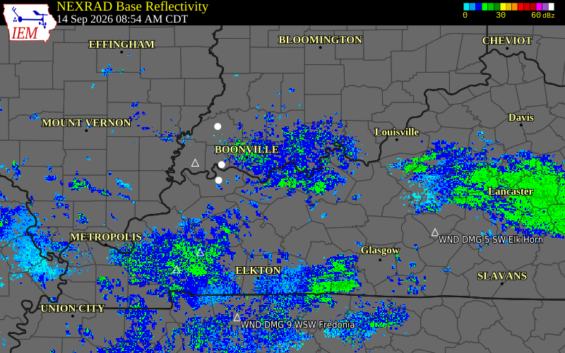 Current NEXRAD radar over Daviess County, Kentucky with recent storm report locations