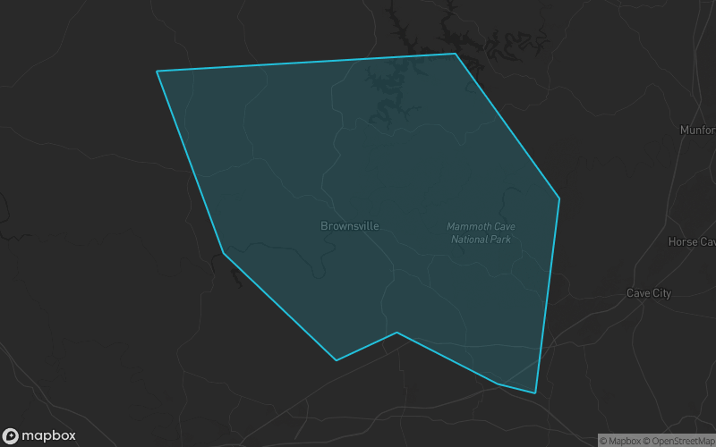 Map of Edmonson County, Kentucky showing the county boundary and surrounding cities