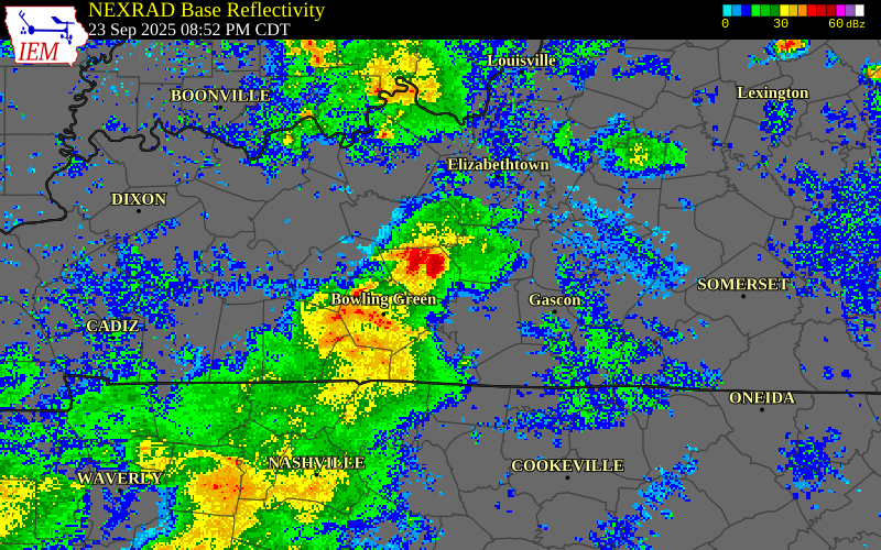 NEXRAD radar during the Tuesday, September 23, 2025 storm activity in Edmonson County, Kentucky