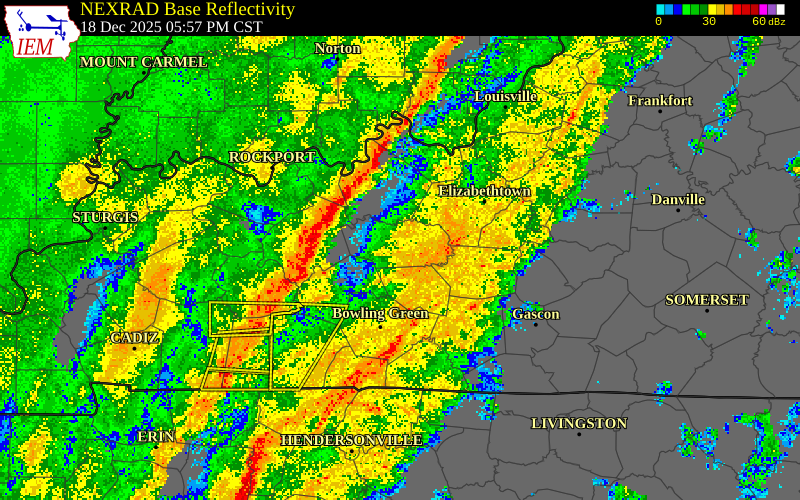 NEXRAD radar during the Thursday, December 18, 2025 storm activity in Edmonson County, Kentucky