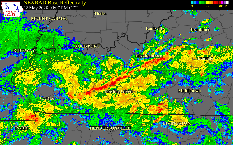 NEXRAD radar during the Friday, May 22, 2026 storm activity in Edmonson County, Kentucky