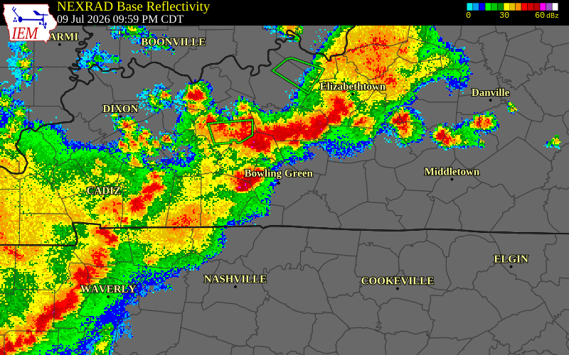 NEXRAD radar during the Thursday, July 9, 2026 storm activity in Edmonson County, Kentucky