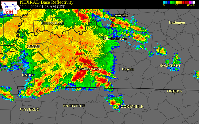NEXRAD radar during the Saturday, July 11, 2026 storm activity in Edmonson County, Kentucky