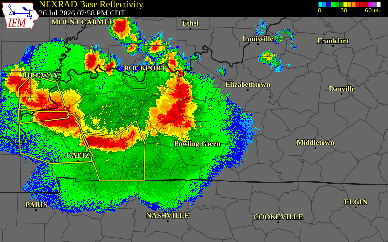 NEXRAD radar during the Sunday, July 26, 2026 storm activity in Edmonson County, Kentucky