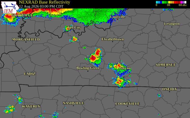 NEXRAD radar during the Wednesday, August 12, 2026 storm activity in Edmonson County, Kentucky