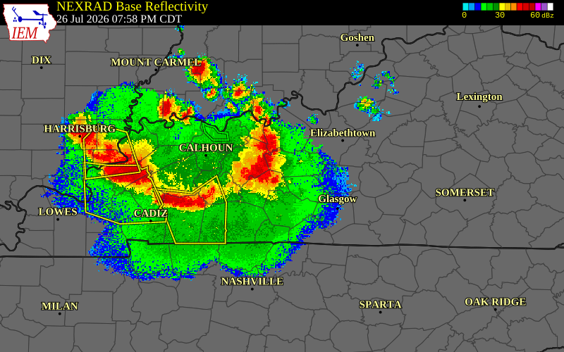 Radar snapshot during the Jul 26, 2026 wind event near Edmonson County, Edmonson County, Kentucky, with NWS warning polygons