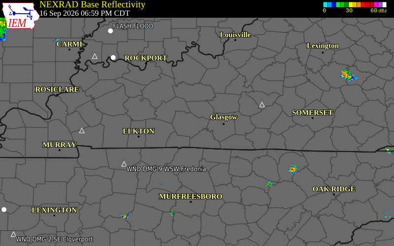 Current NEXRAD radar over Edmonson County, Kentucky with recent storm report locations