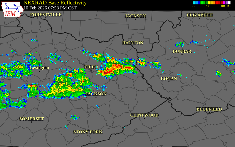 NEXRAD radar during the Tuesday, February 10, 2026 storm activity in Elliott County, Kentucky