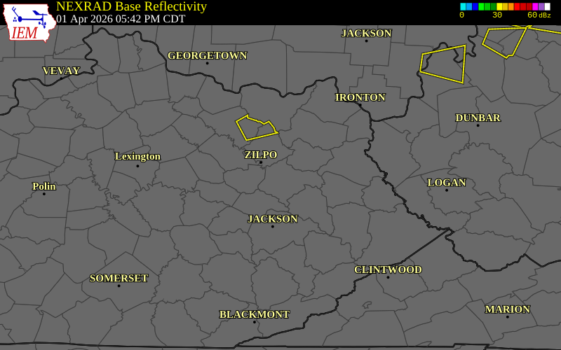 NEXRAD radar during the Wednesday, April 1, 2026 storm activity in Elliott County, Kentucky