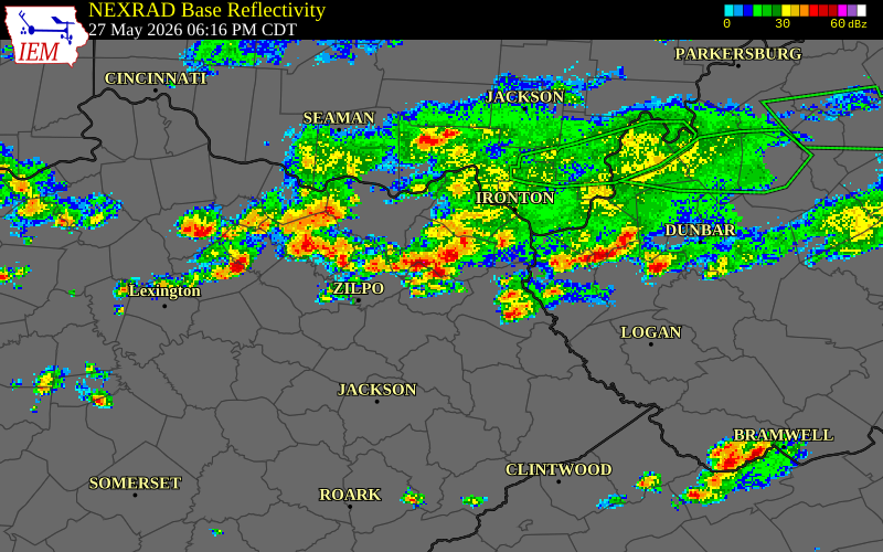 NEXRAD radar during the Wednesday, May 27, 2026 storm activity in Elliott County, Kentucky