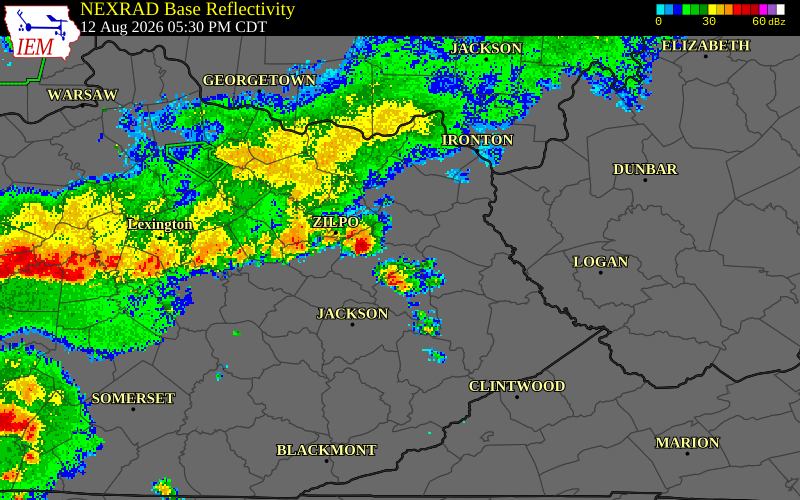 NEXRAD radar during the Wednesday, August 12, 2026 storm activity in Elliott County, Kentucky