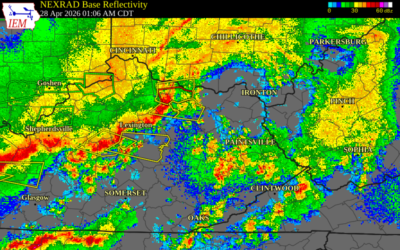 Radar snapshot during the Apr 28, 2026 wind event near Elliott County, Elliott County, Kentucky, with NWS warning polygons