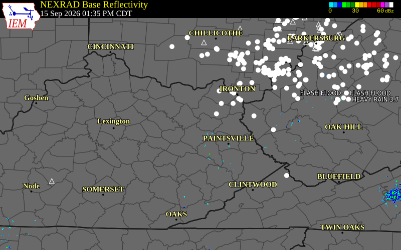 Current NEXRAD radar over Elliott County, Kentucky with recent storm report locations