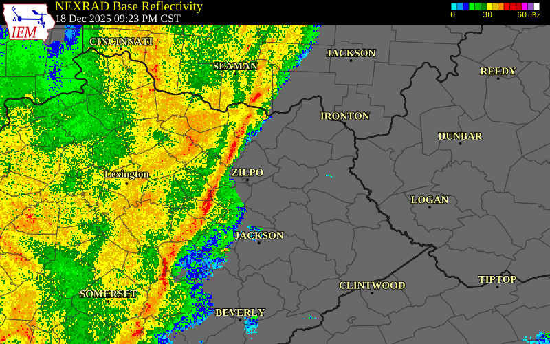 NEXRAD radar during the Thursday, December 18, 2025 storm activity in Estill County, Kentucky