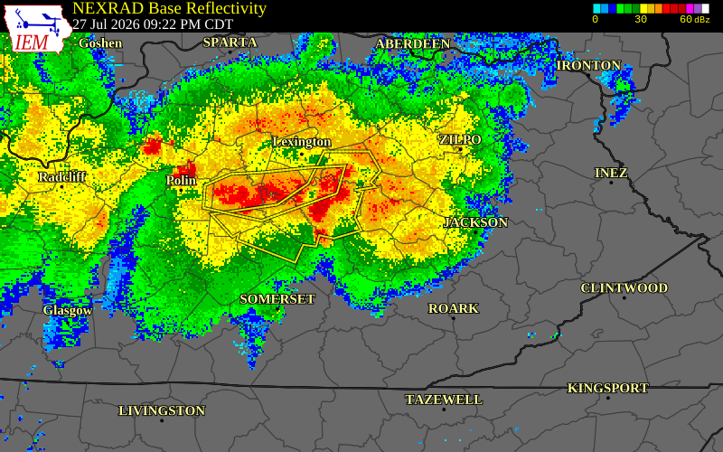 NEXRAD radar during the Monday, July 27, 2026 storm activity in Estill County, Kentucky