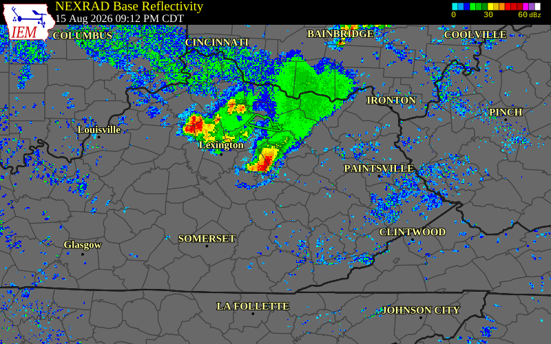 Radar snapshot during the Aug 1, 2026 wind event near Estill County, Estill County, Kentucky, with NWS warning polygons