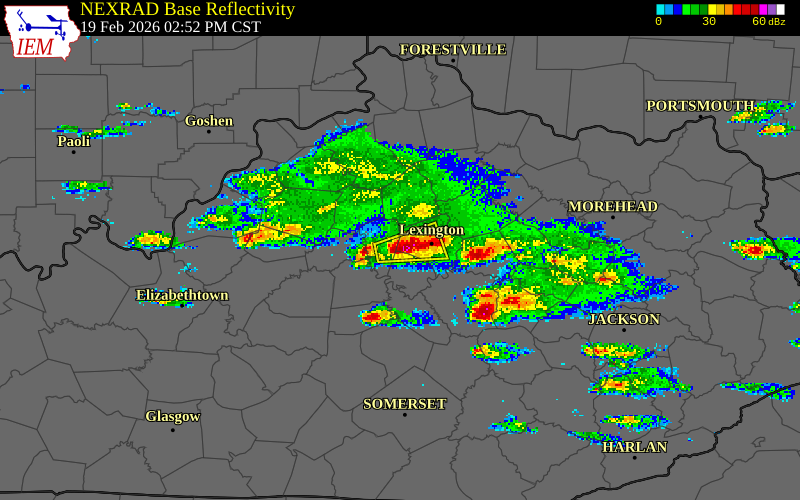 NEXRAD radar during the Thursday, February 19, 2026 storm activity in Fayette County, Kentucky