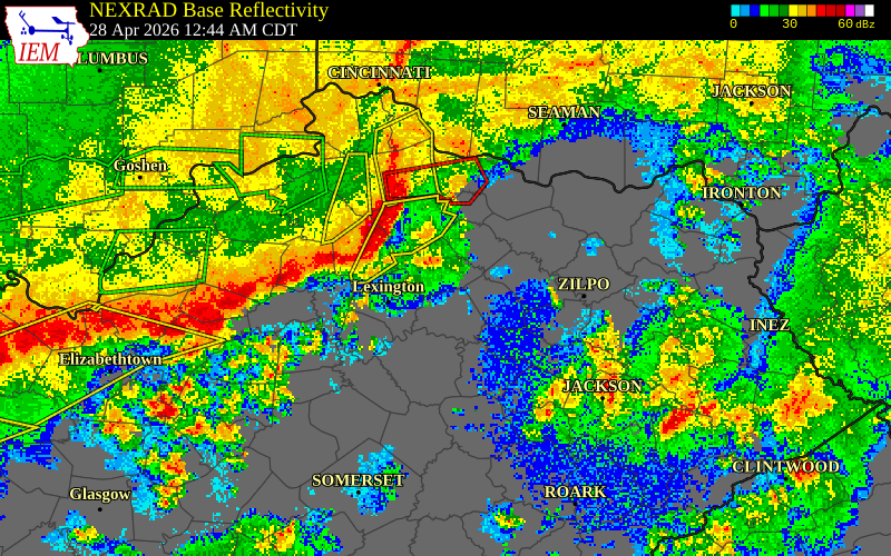 NEXRAD radar during the Tuesday, April 28, 2026 storm activity in Fayette County, Kentucky