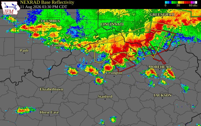 NEXRAD radar during the Tuesday, August 11, 2026 storm activity in Fayette County, Kentucky